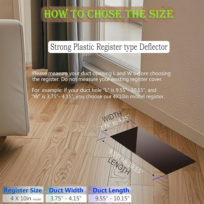2-in-1 Vent Deflector for Home Floor, Strong Plastic, 4"x10“ Register Type of Deflector, POP up Damper Vent Directional Cover, Floor Air Vent Deflector Under Curtain, Couch or Bed (Black, 2Pack) - Image 2