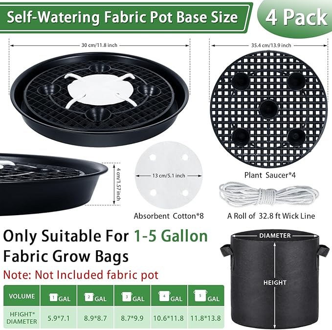 4 Pack 14'' Self-Watering Fabric Pot Base - Auto-Irrigation System Plant Saucer for 5 Gallon Fabric Pot, Auto Watering Plant Water Tray Self Watering System for Indoor Greenhouse Grow Tent Garden - Image 2