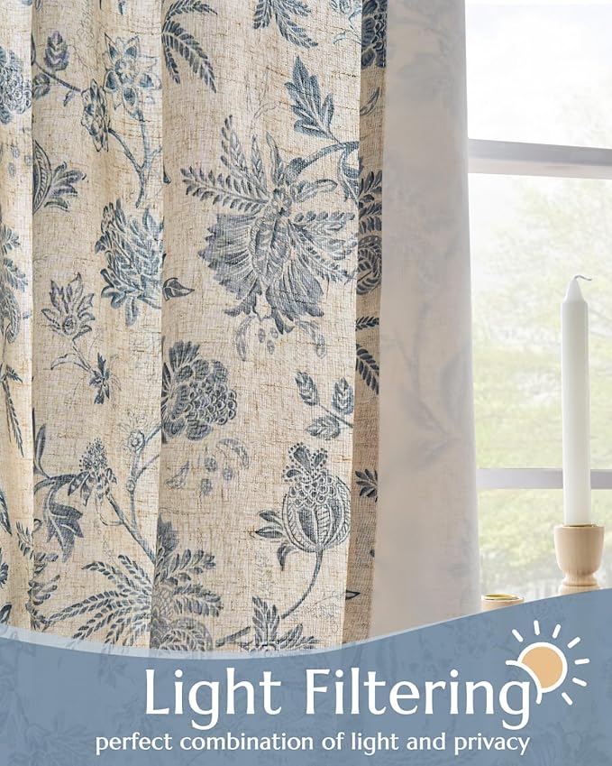 jinchan Lined Linen Floral Curtains for Living Room, 96 Inch Length Printed Flower Farmhouse Patterned French Country Back Tab Blue Window Drapes Set Privacy Bedroom Curtains, 2 Panels - Image 3
