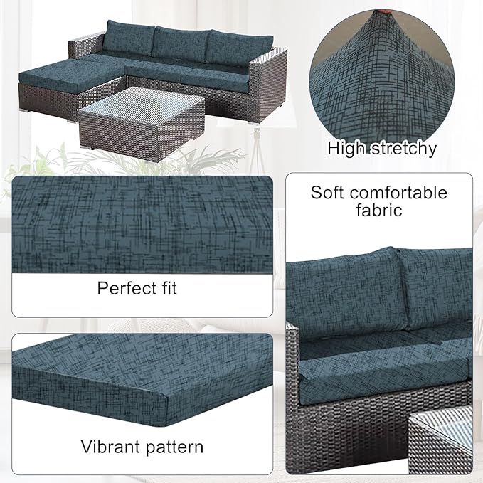 14Pcs Stretch Patio Cushion Covers Outdoor Couch Cover Replacement,Outdoor Textured Sofa Covers for Patio Couch,Washable Furniture Cover (Navy Blue,Cushions Not Included) - Image 3