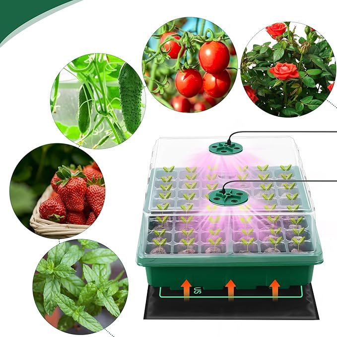 Seed Starter Kit with Grow Light Seedling Heat Mat 48 Cells Seed Starter Tray with Humidity Dome and Base Germination Trays Plastic Growing Trays Plant Propagation Kit for Seed Starting, Green - Image 6