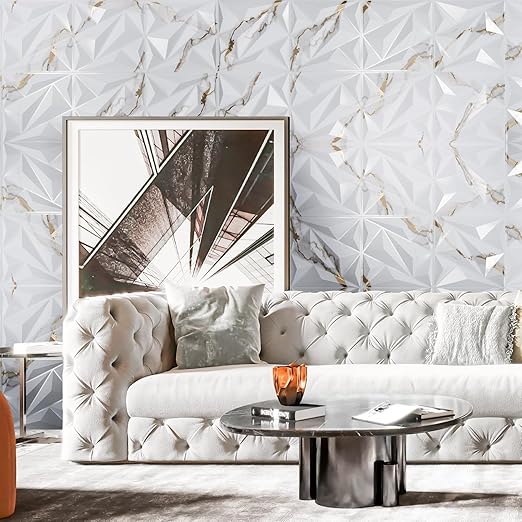 Art3dwallpanels 33 Pack 3D Wall Panel Diamond for Interior Wall Décor, PVC Textured Wall Panels, 12''x12'' Cover 32.Sq.Ft. Gold Veined White - Image 5