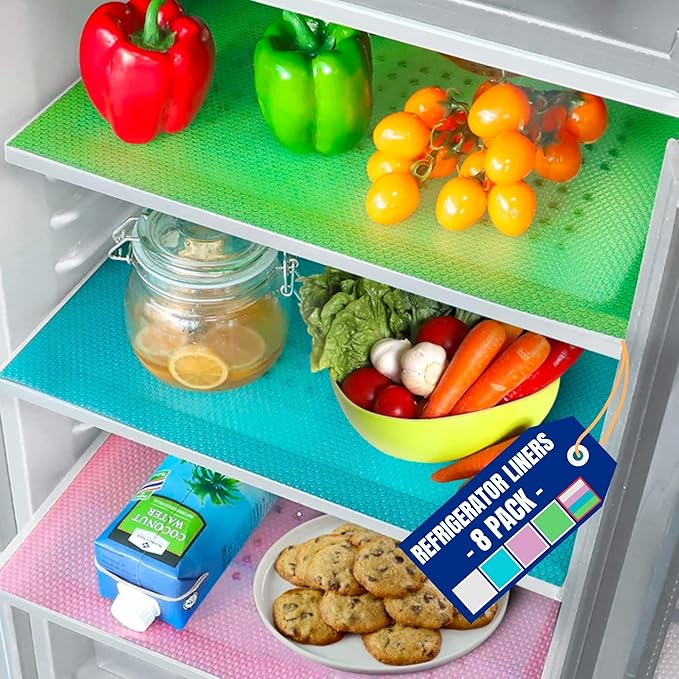 Refrigerator Liners for Shelves (8 Pack) by Linda’s Essentials - Non-Adhesive Shelf or Drawer Liner, BPA-Free Fridge Mats for Kitchen & Cabinets, Easy to Clean, Ideal Household Essentials(Multi Color) by LindasEssentials