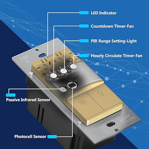 LIDER Humidity Sensor Switch and Motion Sensor Light Switch, PIR Sensor, Humidity Detection, Occupancy/Vacancy, No Neutral Required, ¼ HP, 1-Pole, Gold, Screwless Wall Plate Included - Image 5