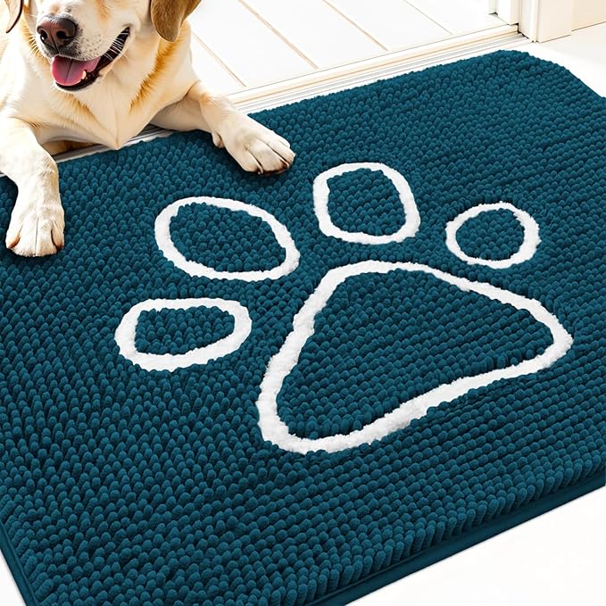 OLANLY Dog Door Mat for Muddy Paws 32x20, Paw Print Design, Absorbs Moisture and Dirt, Absorbent Non-Slip Washable Doormat, Quick Dry Chenille Mud Mat, Entry Indoor Entryway Carpet, Atlantic Blue by OLANLY