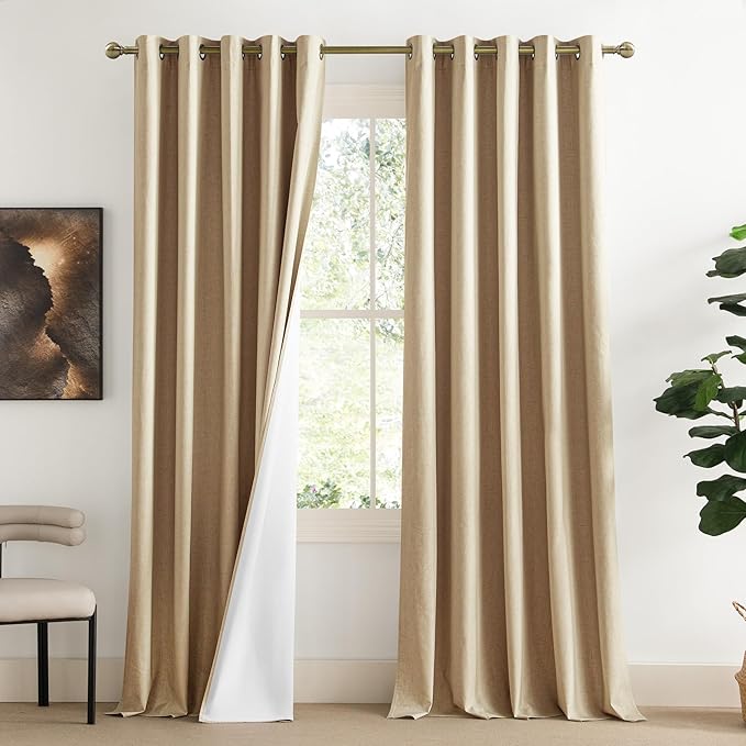 NICETOWN 100% Blackout Camel Linen Curtains 90 inches Length with Thermal Insulated Liners, 2 Panels, 62 inches W, Farmhouse Style Room Cooling Small Window Draperies for Dining Room by NICETOWN