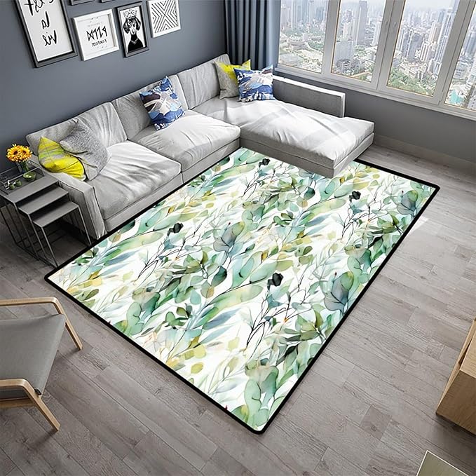 Watercolor Eucalyptus Leaves Shag Carpet - Pattern Drawing Washable Area Rug for Living Room/Bedroom - Fade, Flame, and Stain Resistant, Quick Dry, Waterproof Floor Carpet, 60 x 96 Inch - Image 2