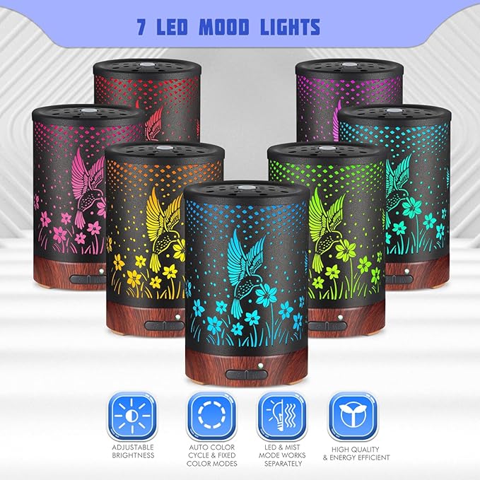 Essential Oils Diffuser,Aromatherapy Diffuser,Birthday Gifts for Women Mom Grandma,Metal Cool Mist Humidifier with 7 Colors Lights Waterless Auto Off Air Diffusers (C-Hummingbirds) - Image 2