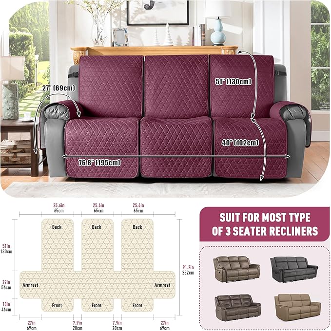 TAOCOCO 100% Waterproof Recliner Cover, Non-Slip Washable Reclining Couch Cover with Elastic Leg Straps, Furniture Protector for Dogs (Wine, 3 Seater) - Image 3