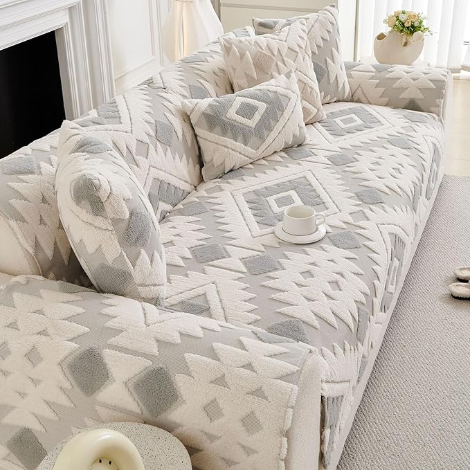 Boho Plush Couch Covers for Sofa Washable, Fuzzy Soft Couch Cover for Sectional Sofa, Non Slip Jacquard Sofa Cover Furniture Protector for Kids, Pets (Light Grey,43"x82") - Image 5