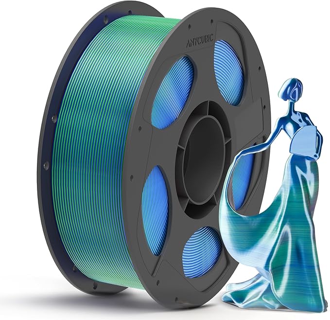 ANYCUBIC Silk Dual Color Pla Filament, 2-in-1 Chrome Coextrusion Color Change 3D Printer Filament 1.75mm Dimensional Accuracy +/- 0.02mm, Silk Texture, 1KG Reusable Spool (2.2 lbs), Blue Green by ANYCUBIC