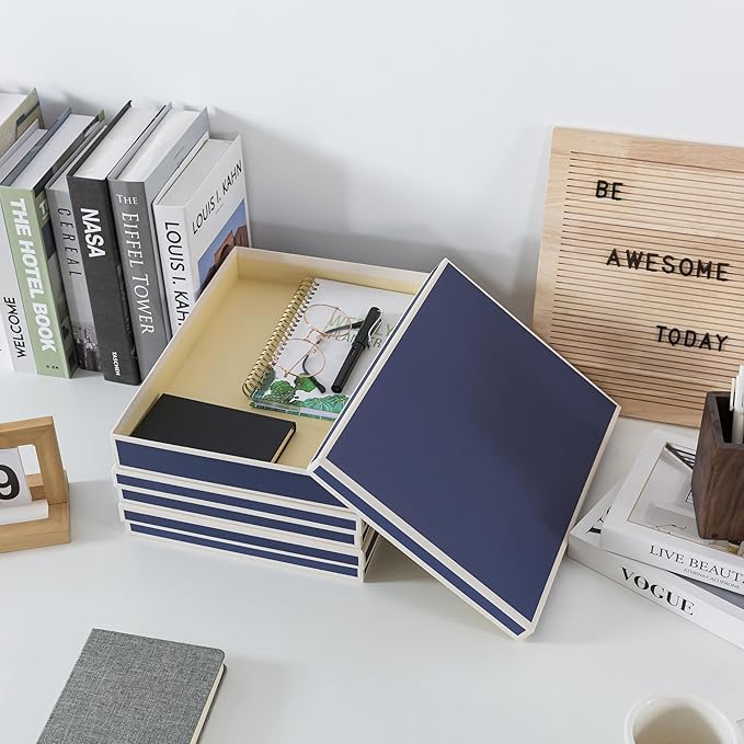 Soul & Lane Document Storage Boxes - Set of 3 (13.2" x 9.8" x 1.8"), Versatile Photo & Craft Organizer for Home & Office, Stackable Cardboard Storage for Letters, Files & Memorabilia, Heritage Blue - Image 7