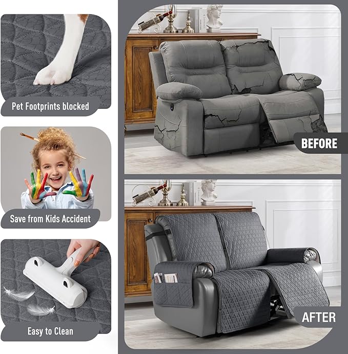 TAOCOCO 100% Waterproof Recliner Cover, Non-Slip Washable Reclining Couch Cover with Elastic Leg Straps, Furniture Protector for Dogs (Charcoal Gray, 2 Seater) - Image 3