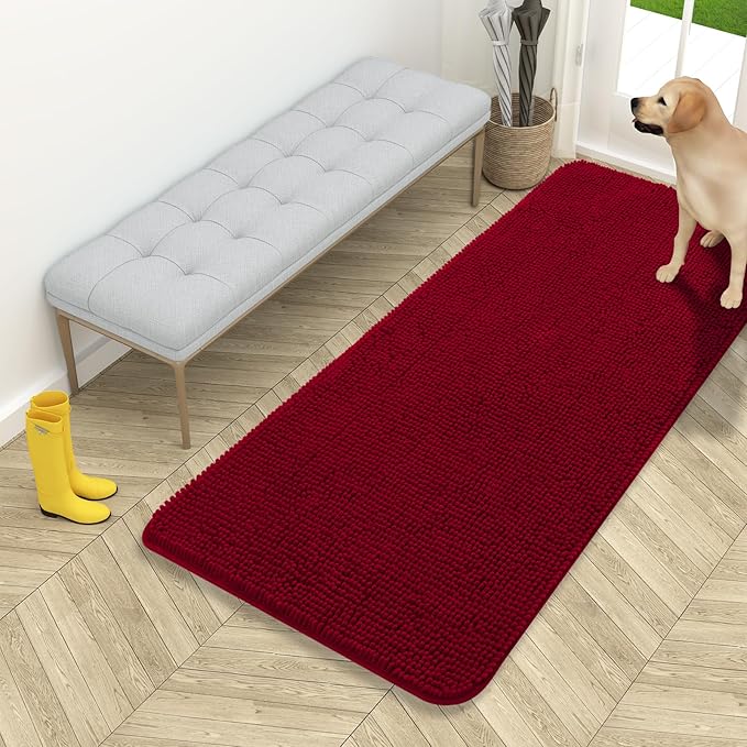 OLANLY Dog Door Mat for Muddy Paws 54x24, Absorbs Moisture and Dirt, Absorbent Non-Slip Washable Doormat, Quick Dry Chenille Mud Mat for Dogs, Entry Indoor Entryway Carpet for Inside Floor, Red by OLANLY