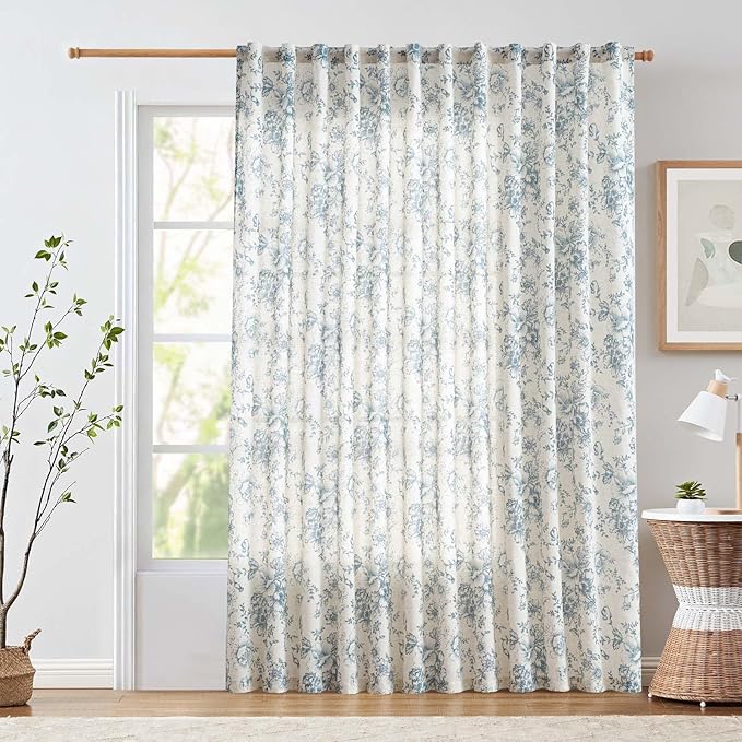 jinchan Linen Floral Curtains 100 Inch Extra Wide for Patio Sliding Glass Door Room Divider Curtain for Living Room 90 Inch Length Farmhouse Peony Blue Printed Curtain Set 1 Panel by JINCHAN