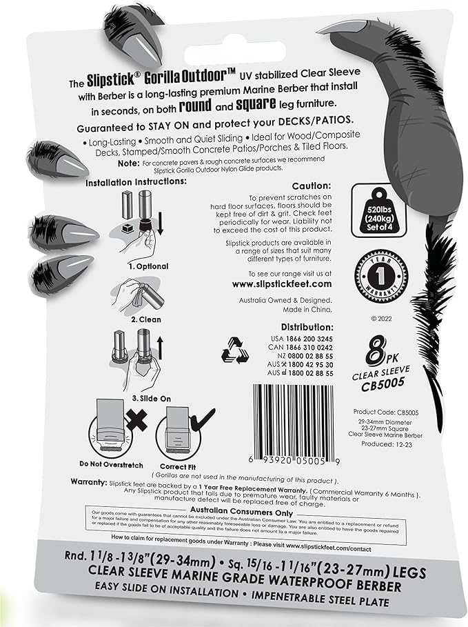 Slipstick GorillaOutdoor Berber Furniture Feet Pads with Clear Sleeve Sock (8 Pack) Outdoor Furniture Sliders for Round & Square Legs, Medium - Image 6