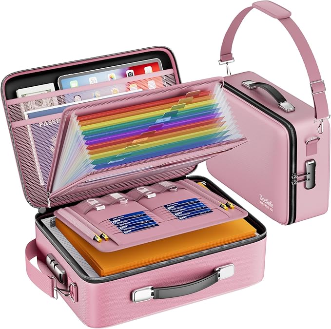 DocSafe Fireproof Document Box with Lock, Hard Case File Organizer with Accordion File Folder, Fireproof Water Resistant Safe Box Home Office Travel Storage for Important Documents Laptop Pink - Image 9