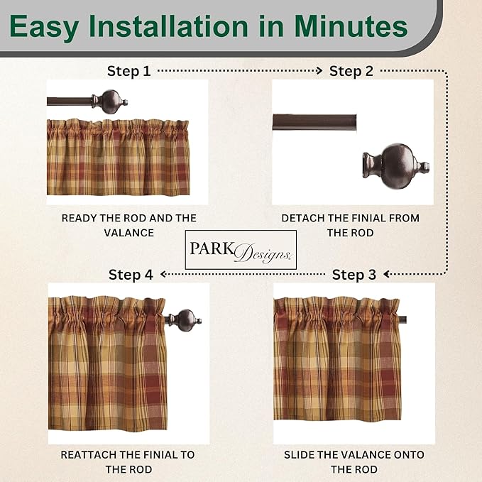 Park Designs Farmhouse Kitchen Valances for Windows - Red Saffron | Fall Decor Window Valance Curtains | Plaid Curtain Valances for Windows | Ideal for BOHO Living Rooms & Bathrooms | 72" x 14" - Image 4