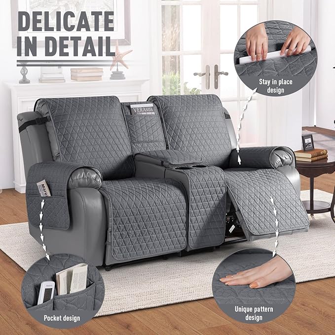 TAOCOCO 100% Waterproof Loveseat Recliner Couch Sofa Covers with Console,Double Reclining Couch Cover Non-Slip Sofa Slipcovers Washable,Furniture Protector Covers for Kids,Pets(2 Seater,Dark Gray) - Image 6