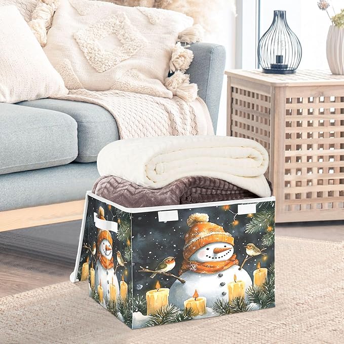 xigua Watercolor Snowman Storage Bins with Lids and Carrying Handle,Foldable Storage Boxes Organizer Containers Baskets Cube with Cover for Home Bedroom Closet Office Nursery - Image 5