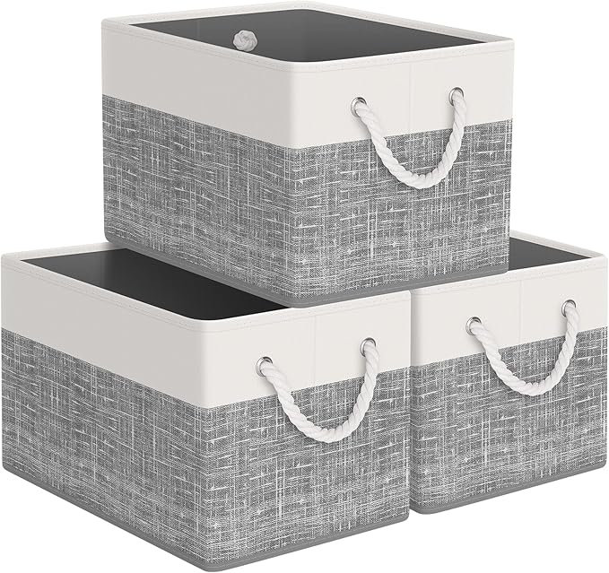 Storage Bin,Collapsible Storage Basket For Organizing,Large Storage Boxes With Rope Handles,Storage Containers,White & Grey,3 Pack by StorageTastic