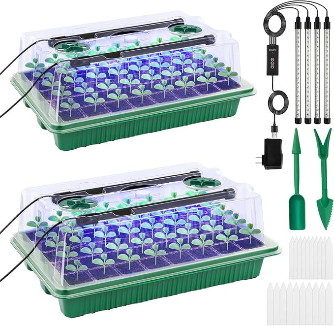 Seed Starter Tray with Timed Grow Light, 2 Pack 80 Cells Plant Starter Tray Seedling Starter Kit with Humidity Domes Base Indoor Mini Greenhouse Plant Germination Trays for Seeds Growing Starting by GOONMILL