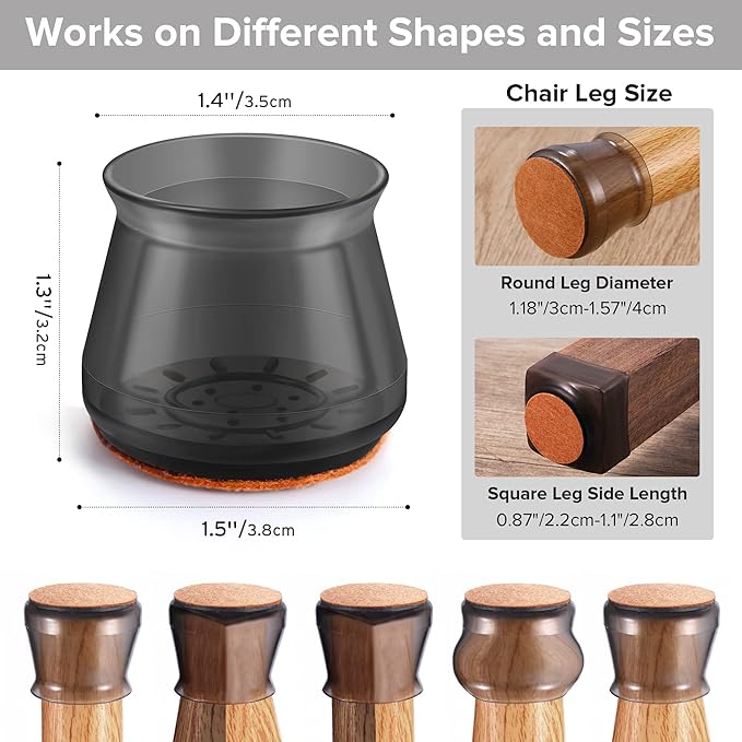 24PCS Upgraded Silicone Chair Leg Floor Protectors for Hardwood Floors, Furniture Sliders for Chair Legs, Felt Bottom Furniture Pads, Anti-Slip Round&Square Cap Covers to Scratch and Reduce Noise - Image 2