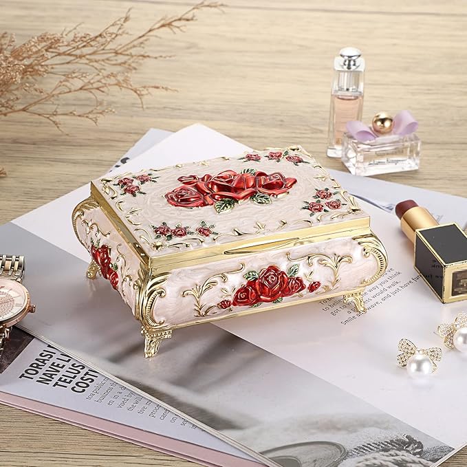 Hipiwe Metal Decorative Jewelry Box Vintage Treasure Chest Case Ornate Trinket Organizer Earrings Necklace Bracelet Storage Box Ring Holder Keepsake Box for Women - Image 4