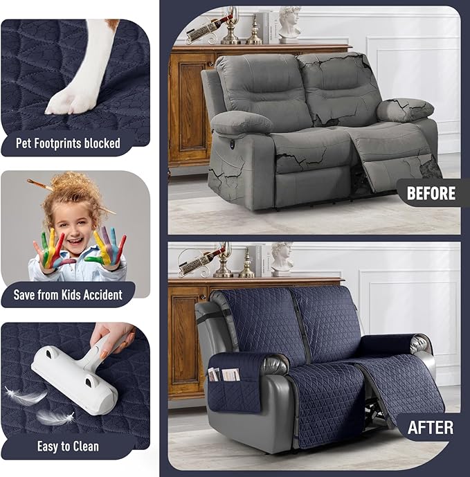 TAOCOCO 100% Waterproof Recliner Cover, Non-Slip Washable Reclining Couch Cover with Elastic Leg Straps, Furniture Protector for Dogs (Dark Blue, 2 Seater) - Image 2