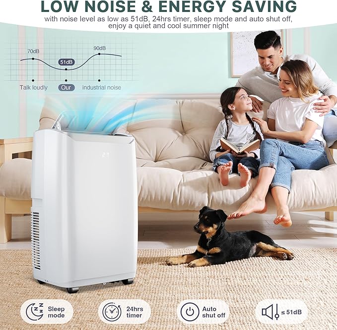 14,000 BTU Portable AC Unit– 4-in-1 Portable Air Conditioner with Cooling, Dehumidifier, Fan & Sleep Mode for Rooms Up to 700 Sq.Ft, Remote Control, LED Display, 24H Timer, White+Black-3032 - Image 7