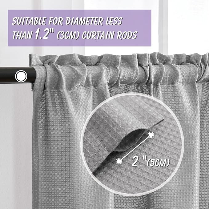 Home Queen Grey Waffle Bathroom Window Curtains, Short Water Repellent Rod Pocket for Small Kitchen Window, 36 W X 36 L Inch Each - Image 2