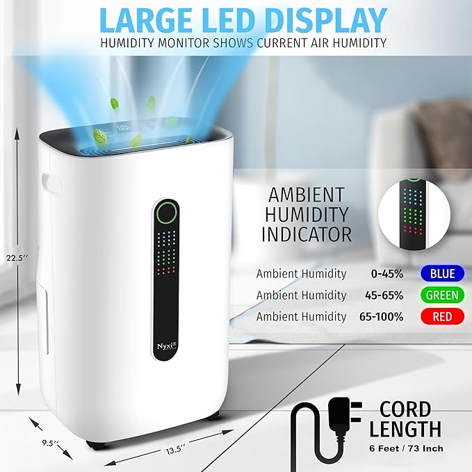 Nyxi 4,500 Sqft / 50 Pints Compressor Dehumidifier, Smart Digital Humidity Control, XL Water Tank 1.7 Gallon, Drain Hose Option, 24-Hour Timer, Removes Moisture for Home, Laundry, Office - Image 3