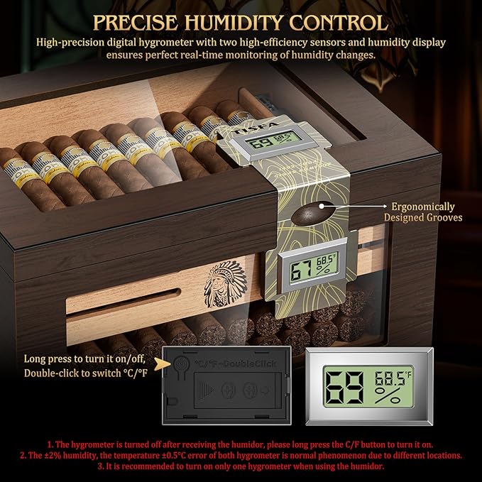 TISFA Cigar Humidor Cedar Wood Cigar Box with 2 Digital Hygrometer, 2 Humidifiers, Cedar Tray, Divider, Accessory Drawer, Glass Top Large Desktop Humidors and Acrylic Travel Cigar Tube Gifts Set - Image 9