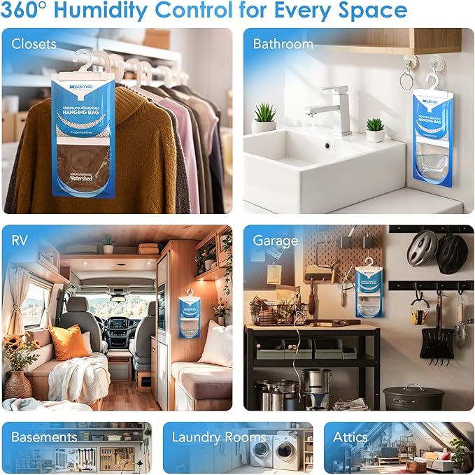 Moisture Absorbers 30 Pack Fragrance Free, Hanging Closet Dehumidifier Bags, Humidity Absorber, Compact Eliminates Odors Humidity Packs for Car, Bathroom, Bedroom, Basement, 9.8OZ - Image 8