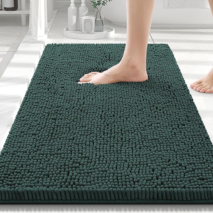 Smiry Luxury Chenille Bathroom Rugs 30x20, Extra Soft and Absorbent Shaggy Bath Mat, Machine Washable, Non-Slip Plush Carpet Runner for Tub, Shower, and Floor, Home Decor Accessories, Green by Smiry