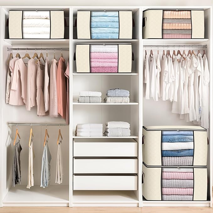90 L Large Storage Bags, 6 Pack Clothes Storage Bins Foldable Closet Organizers Storage Containers with Reinforced Handle for Clothing, Blanket, Comforters, Bed Sheets, Pillows and Toys (Beige) - Image 5