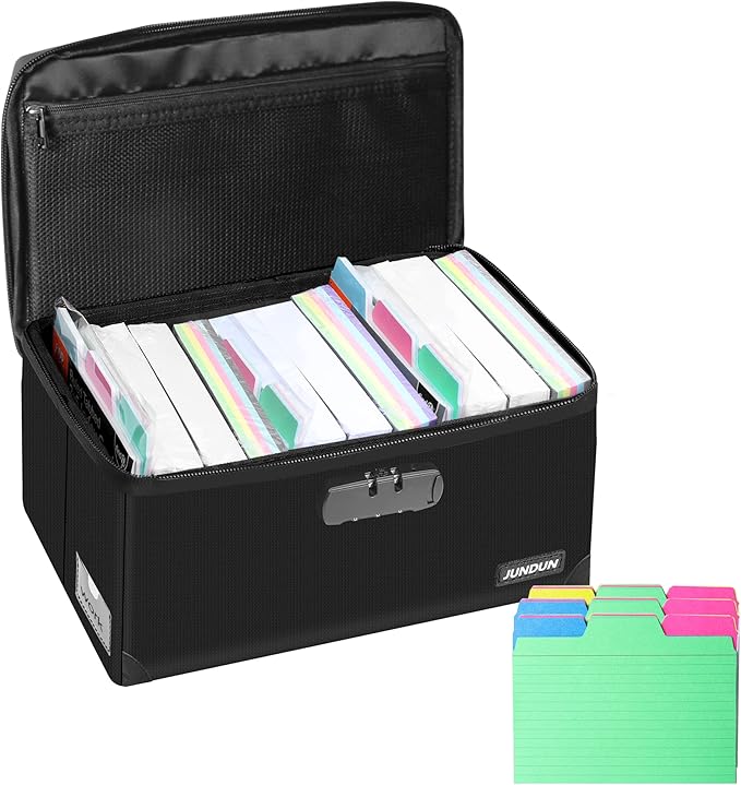 JUNDUN Index Card Holder with 48 Pieces 3x5 Inch Index Cards Dividers,Collapsible Fireproof Index Card Box with Lock fits 1200 3x5-Inch Flash Cards - Business, or Note Card Storage Boxes - Black by JUNDUN