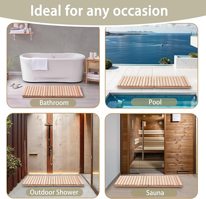 bingaai Cedar Wood Bath Mat 48 × 23.6 in, Wooden Bath Mats, Cedar Wood Shower Mat, Shower Stall Mat Non-Slip for Bathroom Bathtub Spa Sauna Garden Home, Wooden Floor Mat Large for Indoor and Outdoor - Image 5