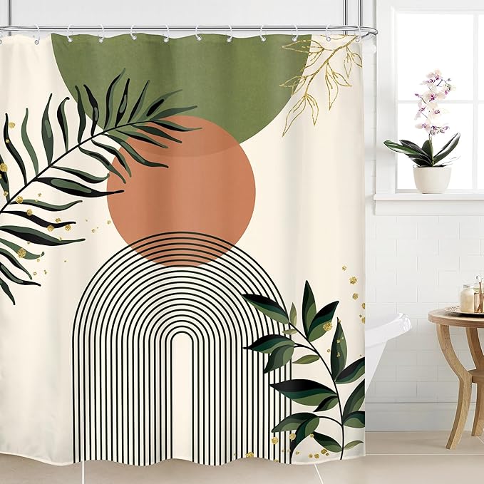 Green Boho Shower Curtain 60Wx72H Abstract Bohemian Modern Leaves Mid Century Minimalist Contemporary Plant Bathroom Decor Simple Neutral Bath Curtain Fabric Polyester 12 Pack Hooks by MitpokBrand