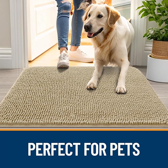 OLANLY Dog Door Mat for Muddy Paws 40x32, Absorbs Moisture and Dirt, Absorbent Non-Slip Washable Doormat, Quick Dry Chenille Mud Mat for Dogs, Entry Indoor Entryway Carpet for Inside Floor, Beige - Image 6