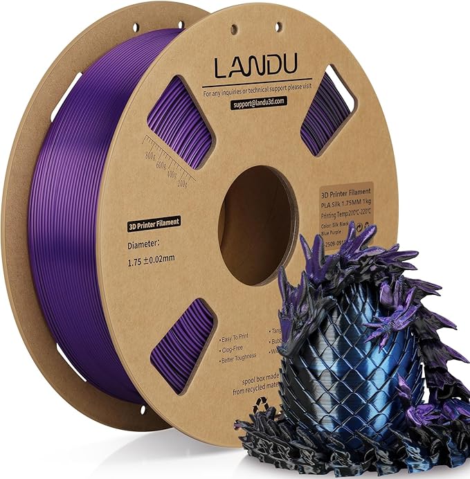 LANDU Silk Tri-Color PLA Filament 1.75mm 1Kg,Triple Color Silk PLA Filament, Silk Rainbow PLA Filament,Neatly Wound 3D Printer Filament, 3 in 1 Multi Color Filament +/-0.02mm, Silk Black Blue Purple by LANDU
