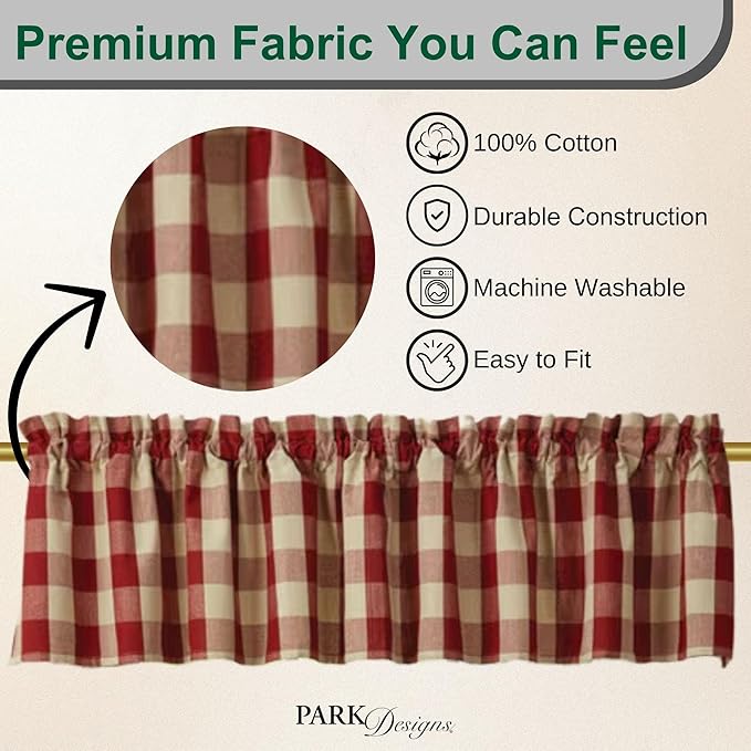 Park Designs Farmhouse Kitchen Valances for Windows - Garnet & Tan Buffalo Check | Fall Decor Window Valance Curtains | Plaid Curtain Valances for Windows | Boho Living Rooms & Bathrooms | 72" x 14" - Image 2