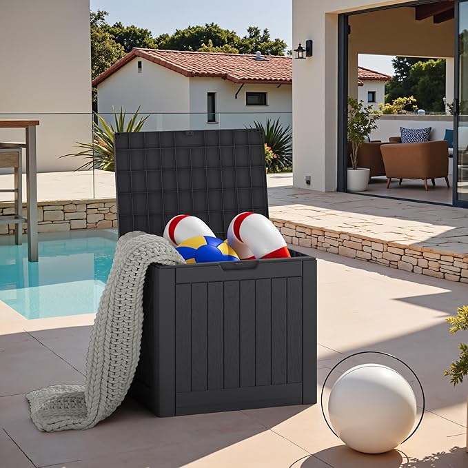 JUMMICO 42 Gallon Deck Box Waterproof, Resin Outdoor Storage Box with Side Handles, Outdoor Storage Benches Lockable for Patio Cushions and Garden Tools (Black) - Image 7