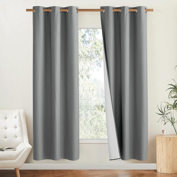 NICETOWN Vintage Open Linen Weave Flax Thermal Curtains, Dove Grey, 34" Wide Per Panel, Set of 2, 100% Blackout Curtains 60" Long for Dining Room, Soundproof Window Treatment Drapes for Cupboard by NICETOWN