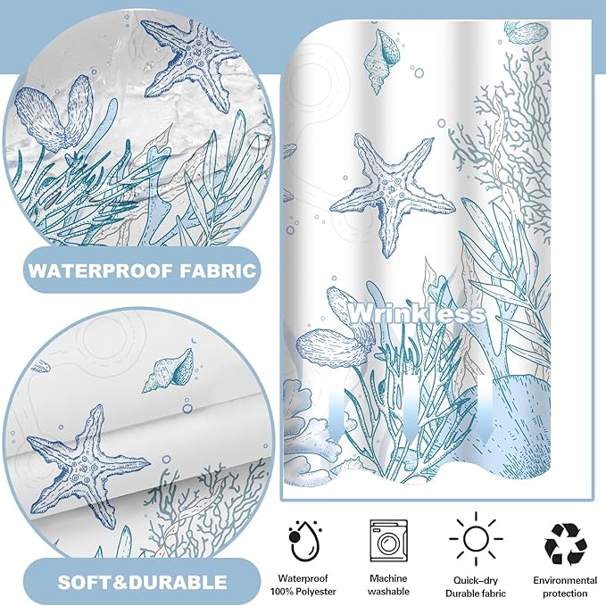 Extra Long No Hook Shower Curtain with Snap in Liner, Beach Ocean Nautical Coastal Shower Curtains and Liner Set for Bathroom, Seashell Fabric Bath Curtain, Waterproof Washable, Blue 71"x84" - Image 3