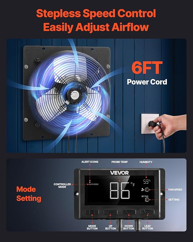 VEVOR 14 inch Exhaust Fan, Wall Mounted Attic Fan with Variable Speed, Temperature & Humidity Controller, 2000 CFM, Automatic Shutter - Image 6