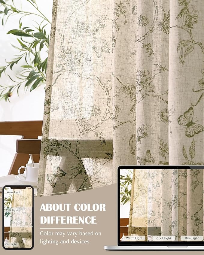 jinchan Floral Linen Curtains for Living Room 63 Inch Length Butterfly Sage Green Floral Curtains French Country Farmhouse Flower Patterned Drapes Window Treatments Set 2 Panels - Image 7
