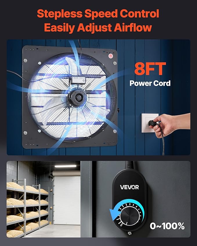 VEVOR 24'' Exhaust Fan, Wall Mounted Attic Fan with Variable Speed controller, 4800 CFM, Automatic Shutter, Ventilation and Cooling, Black - Image 6