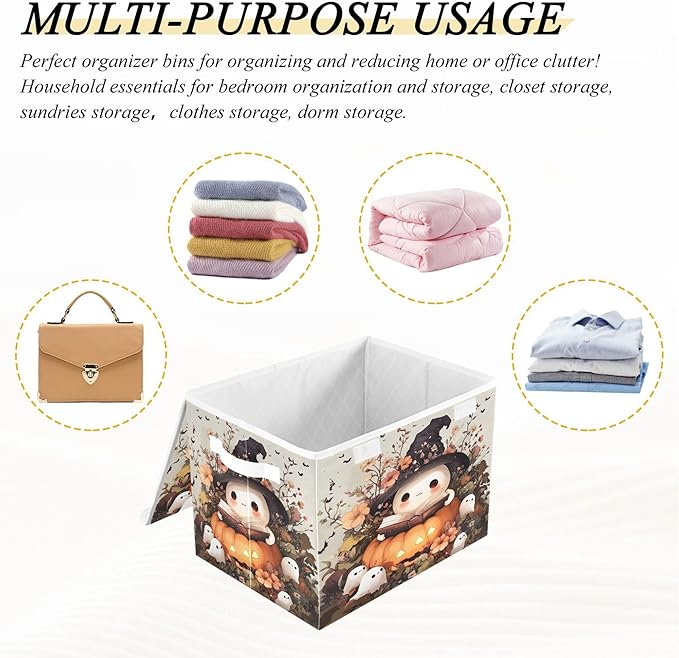 xigua Ghost Wearing Witch Hat Storage Bins with Lids and Carrying Handle,Foldable Storage Boxes Organizer Containers Baskets Cube with Cover for Home Bedroom Closet Office - Image 7