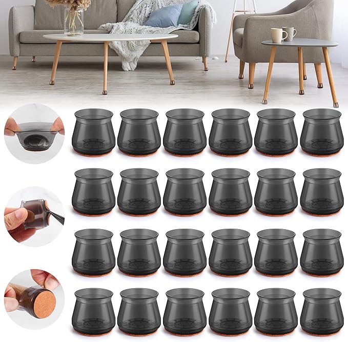 24PCS Upgraded Silicone Chair Leg Floor Protectors for Hardwood Floors, Furniture Sliders for Chair Legs, Felt Bottom Furniture Pads, Anti-Slip Round&Square Cap Covers to Scratch and Reduce Noise by Violibar